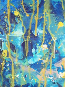 abstract painting of blue shapes and yellow dribbles